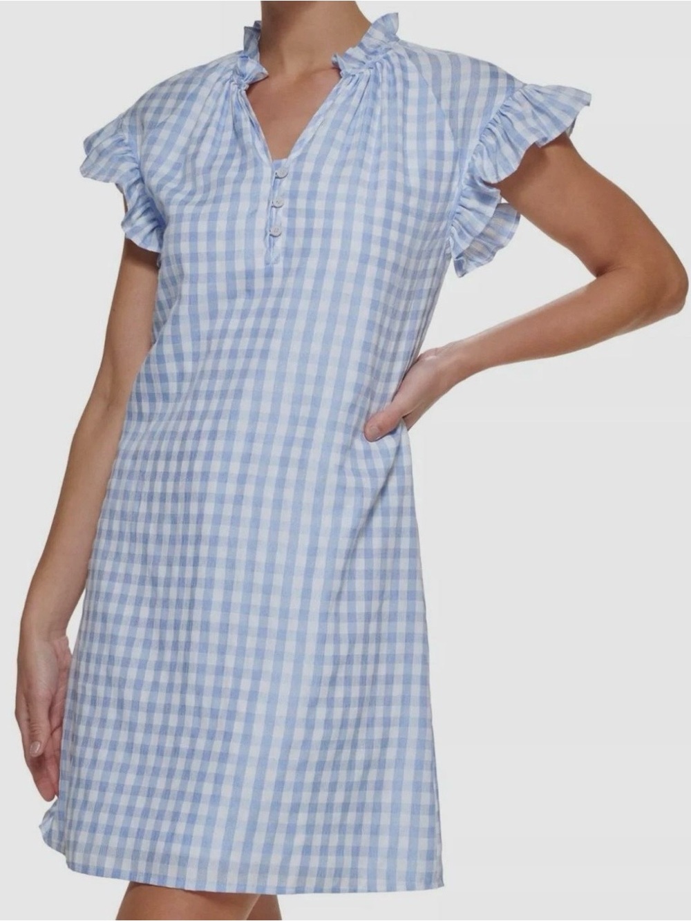 DKNY Blue White Gingham Flutter Sleeve Shift Dress Size 2 Cottagecore Preppy